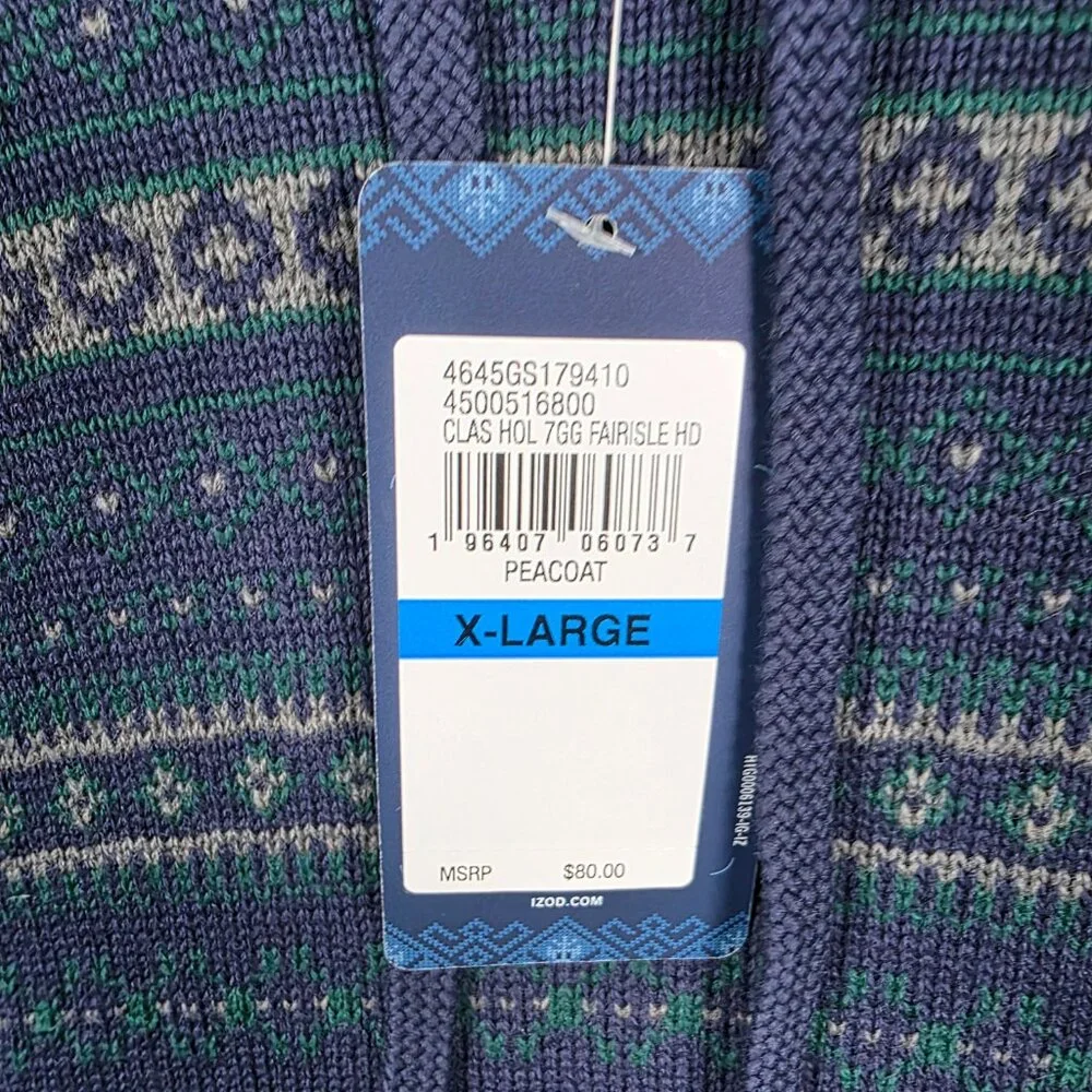Izod Sweater Mens Size XL Navy Green Cable Knit‎ Fairisle Hoodie Classic Chunky